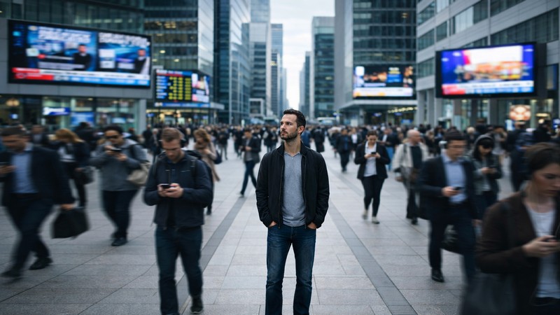Technologie, normierte Denkformen und permanenter Druck. Foto mit Hilfe von ChatGPT erstellt