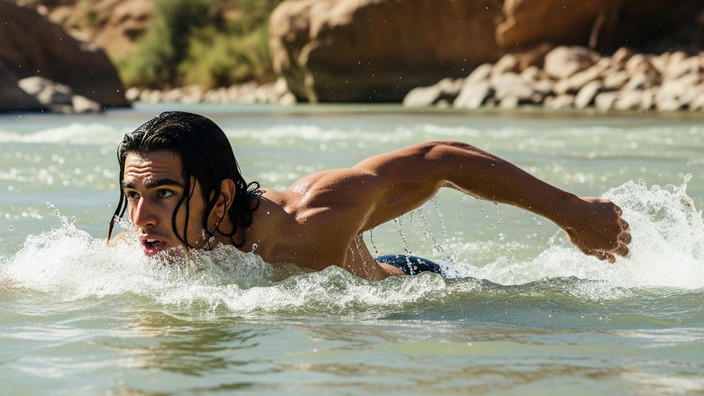 Gegen den Strom schwimmen. Fiktives Bild mit Hilfe von Gemini erstellt
