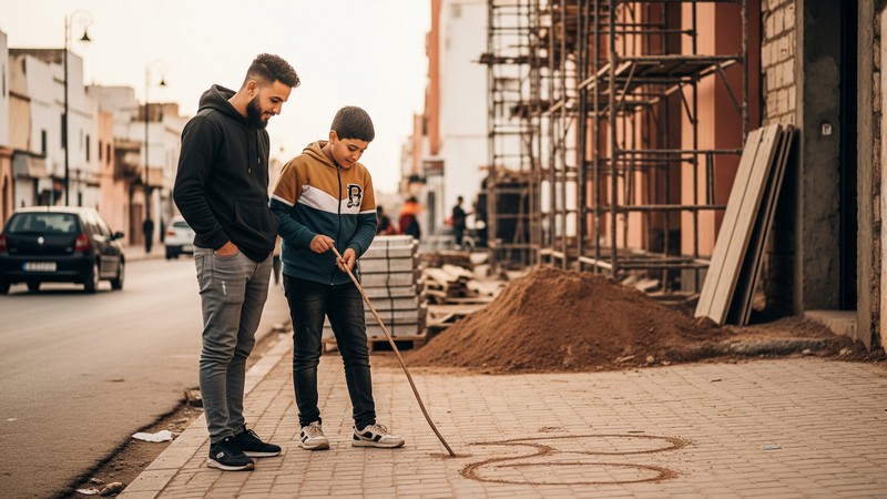 Kind zeichnet Boegen im Sand. Fiktives Bild mit Hilfe von Gemini erstellt