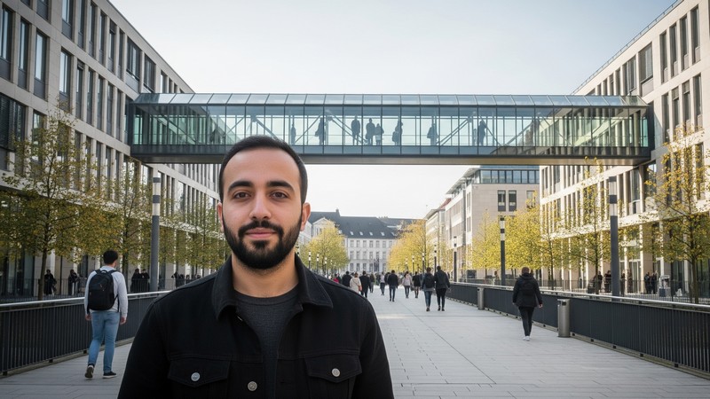 Mustafa steht am glaesernen Uebergang. Fiktives Bild mit Hilfe von Gemini erstellt