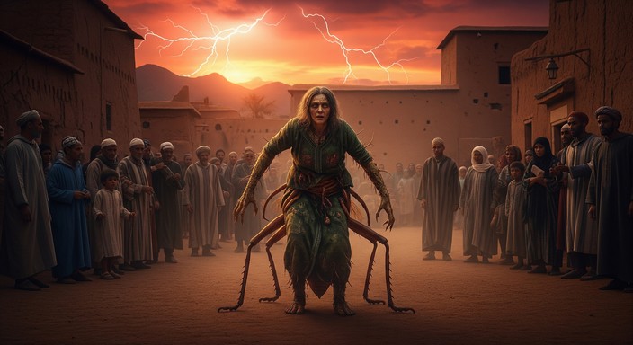 Die Verwandlung der Hexe Aqissa in eine Heuschrecke. Fiktives Bild mit Hilfe von Gemini erstellt