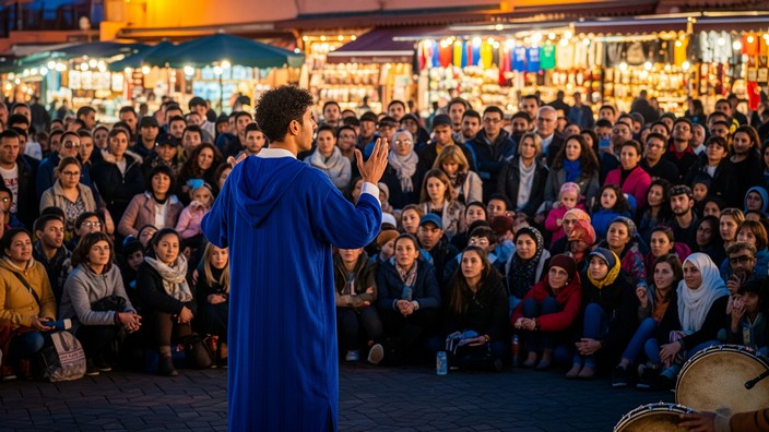 Mustapha in Marrakesch, Jamaa El Fna, erzählt Geschichten aus der Heimat. Fiktives Bild mit Hilfe von Gemini erstellt
