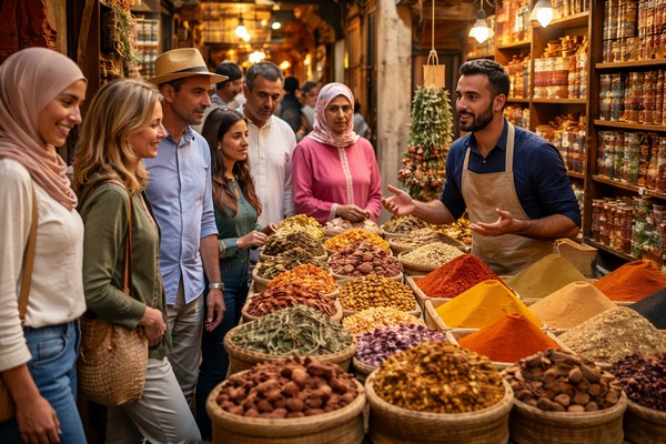 Gewürzhändler erklären ihren Kunden die Kunst der Gewürzmischungen - eine Tradition zwischen Handwerk, Wissen und kulinarischer Kultur. Foto mit Hilfe von ChatGPT erstellt