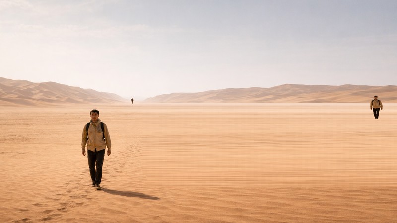 Drei Maenner in der Wueste. Bild mit Hilfe von ChatGPT erstellt