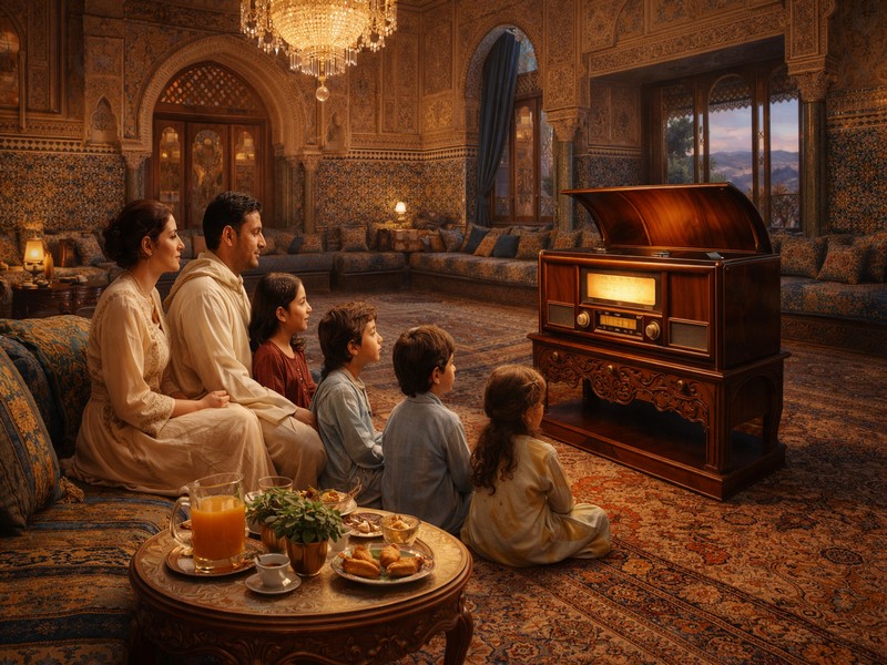 Wohlhabende Familie hört Radio. Foto mit Hilfe von ChatGPT erstellt