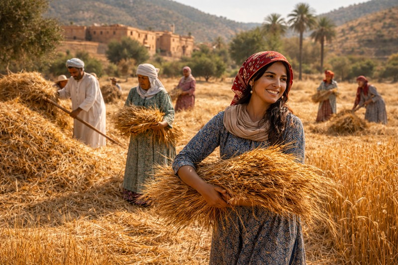 Bauern bei der Ernte. Fiktive Szene mit Hilfe von ChatGPT erstellt
