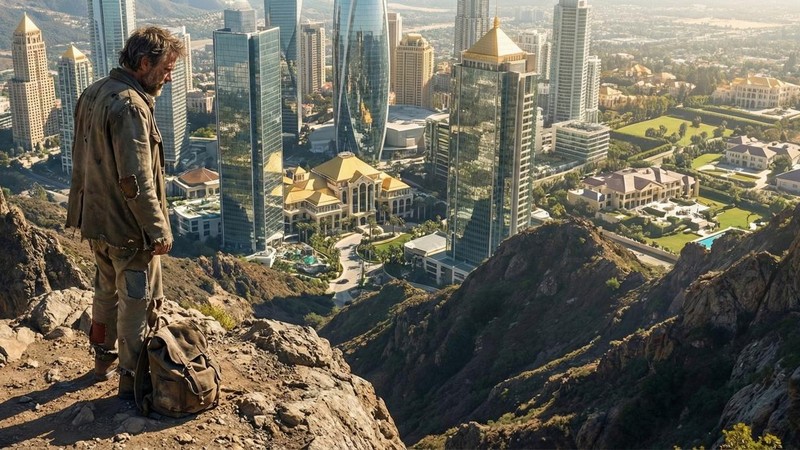 Mann schaut von der Anhöhe auf die wohlhabende Stadt. Bild mit Hilfe von Gemini erstellt