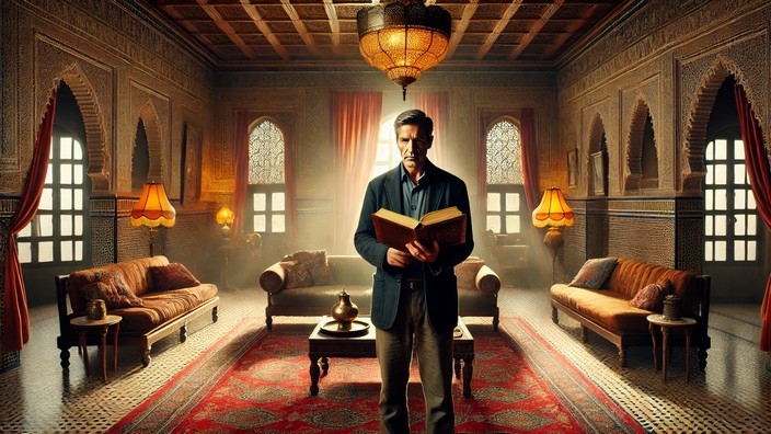 Die Karte  Protagonist mit Buch in der Hand