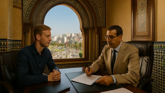 Thomas beim Notar in Tanger. Foto mit Hilfe von ChatGPT erstellt Thomas beim Notar in Tanger. Foto mit Hilfe von ChatGPT erstellt