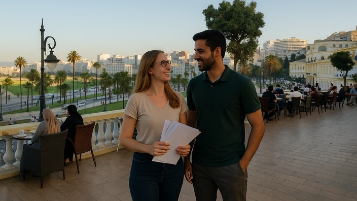 Anna und Youssef in Tanger, Terassencafè am Stadthafen. Foto mit Hilfe von ChatGPT erstellt
