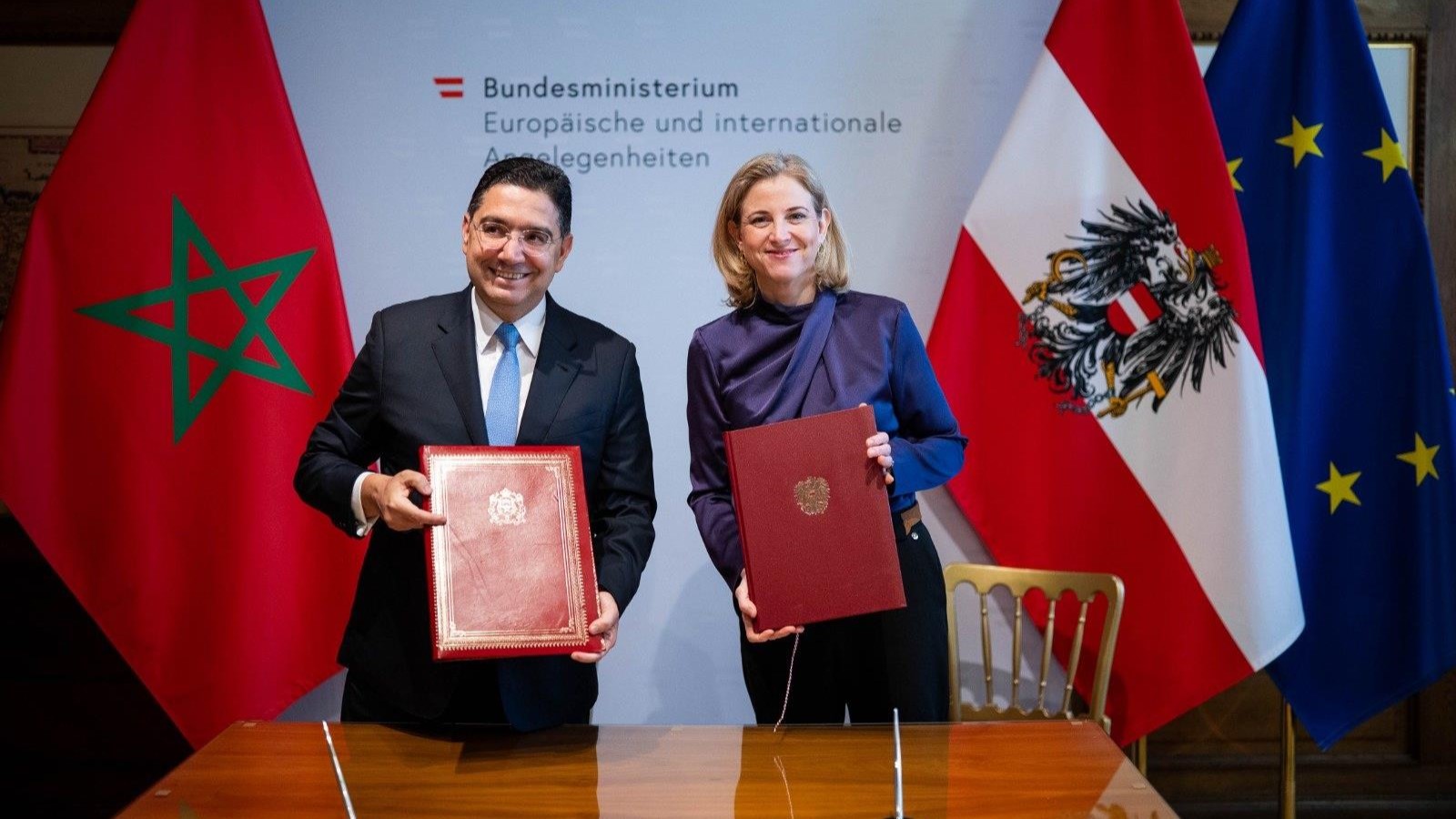 Der marokkanische Außenminister Nasser Bourita und die österreichische Außenministerin Beate Meinl-Reisinger. Foto: Bundesministerium für europäische und internationale Angelegenheiten Österreichs