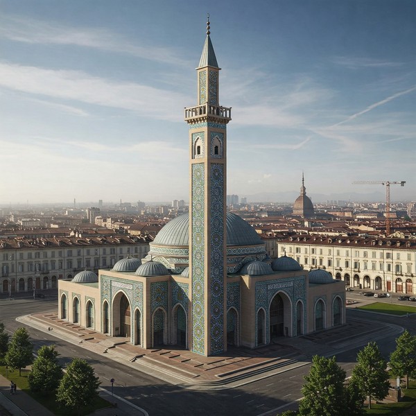 Fiktive Darstellung der zukünftigen Moschee von Turin, Foto mit Hilfe von Gemini erstellt