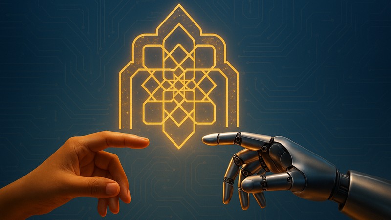 Digitale Illustration mit menschlicher und Roboterhand, getrennt durch ein leuchtendes Zellij-Ornament - Sinnbild für die Verschmelzung von marokkanischer Identität und moderner KI-Technologie.