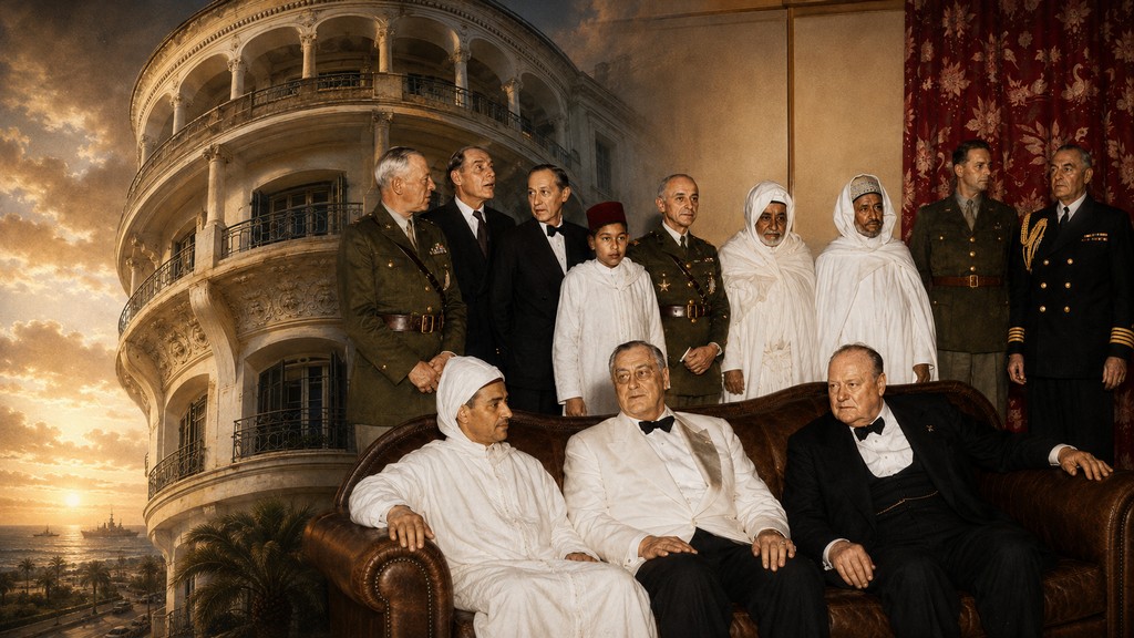 Casablanca-Konferenz 1943 mit Mohammed V., dem Kronprinz Moulay Hassan, US-Präsident Roosevelt, Churchill und Mitglieder der US-, FR- und MA- Delegationen. Foto U.S. Von ChatGPT neugestaltet