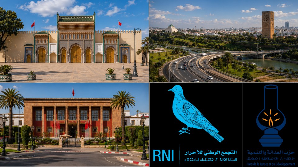 von oben links nach unten rechts: Palasttor Fes, Hassan-Turm Rabat, das Parlament und die Parteien-Symbole von oben links nach unten rechts: Palasttor Fes, Hassan-Turm Rabat, das Parlament und die Parteien-Symbole