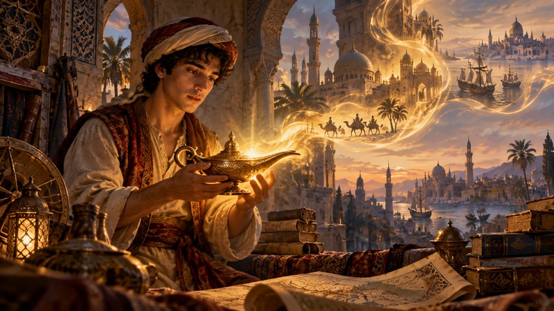 Von Aleppo in die Welt Aladdin und die Reise einer Geschichte. Foto mit Hilfe von ChatGPT erstellt Von Aleppo in die Welt Aladdin und die Reise einer Geschichte. Foto mit Hilfe von ChatGPT erstellt
