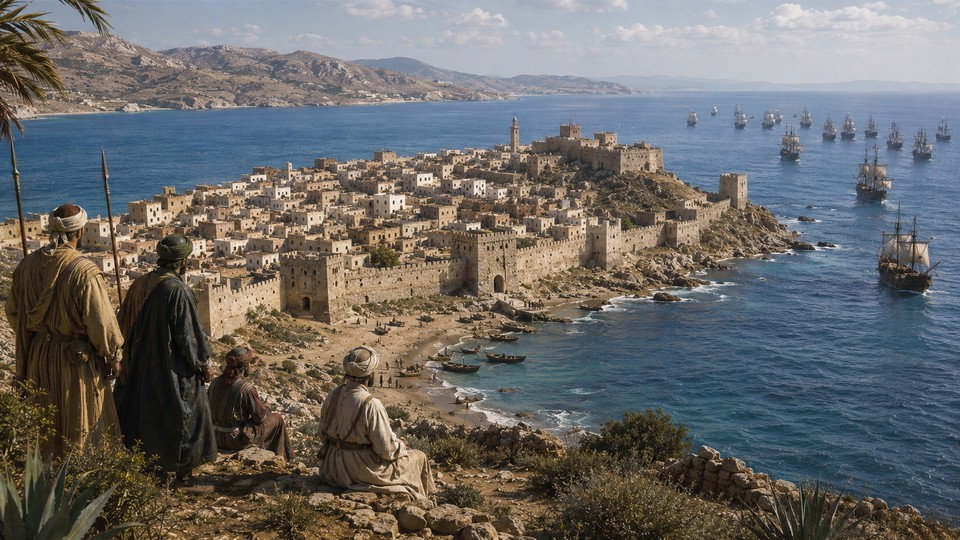 Künstlerische Rekonstruktion Ceutas im Jahr 1415 vor der portugiesischen Eroberung. Virtuelles Bild mit Hilfe von ChatGPT erstellt Künstlerische Rekonstruktion Ceutas im Jahr 1415 vor der portugiesischen Eroberung. Virtuelles Bild mit Hilfe von ChatGPT erstellt