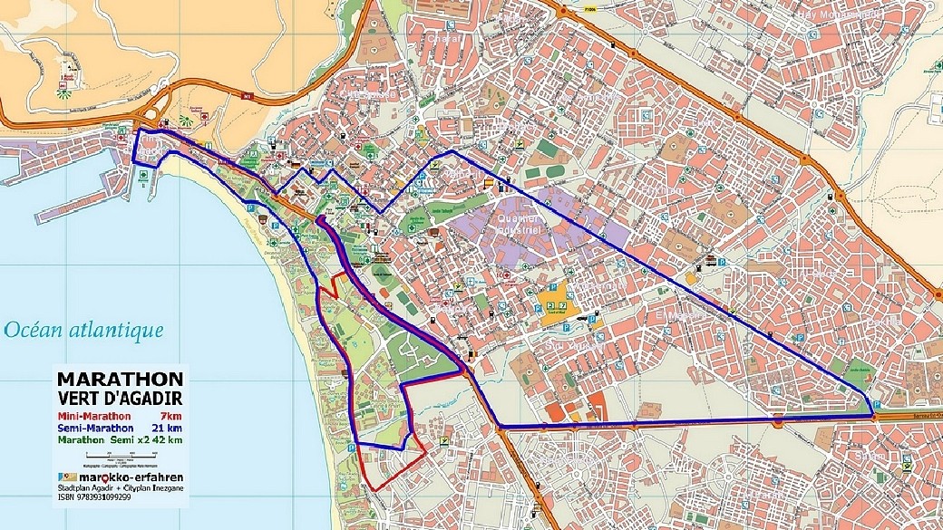 Marathon Vert d’Agadir, Kartenausschnitt aus dem Stadtplan Agadir - Inezgane, ISBN: 9783931099299, Foto: marokko-erfahren