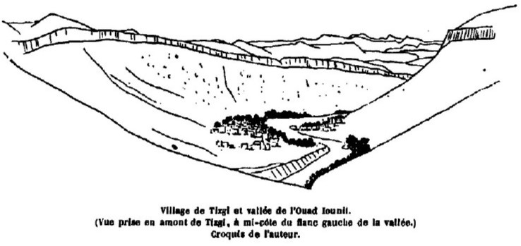 Blick von der Sultansfestung zum heutigen Dorf Tizgui N Barda  Skizze von Foucauld